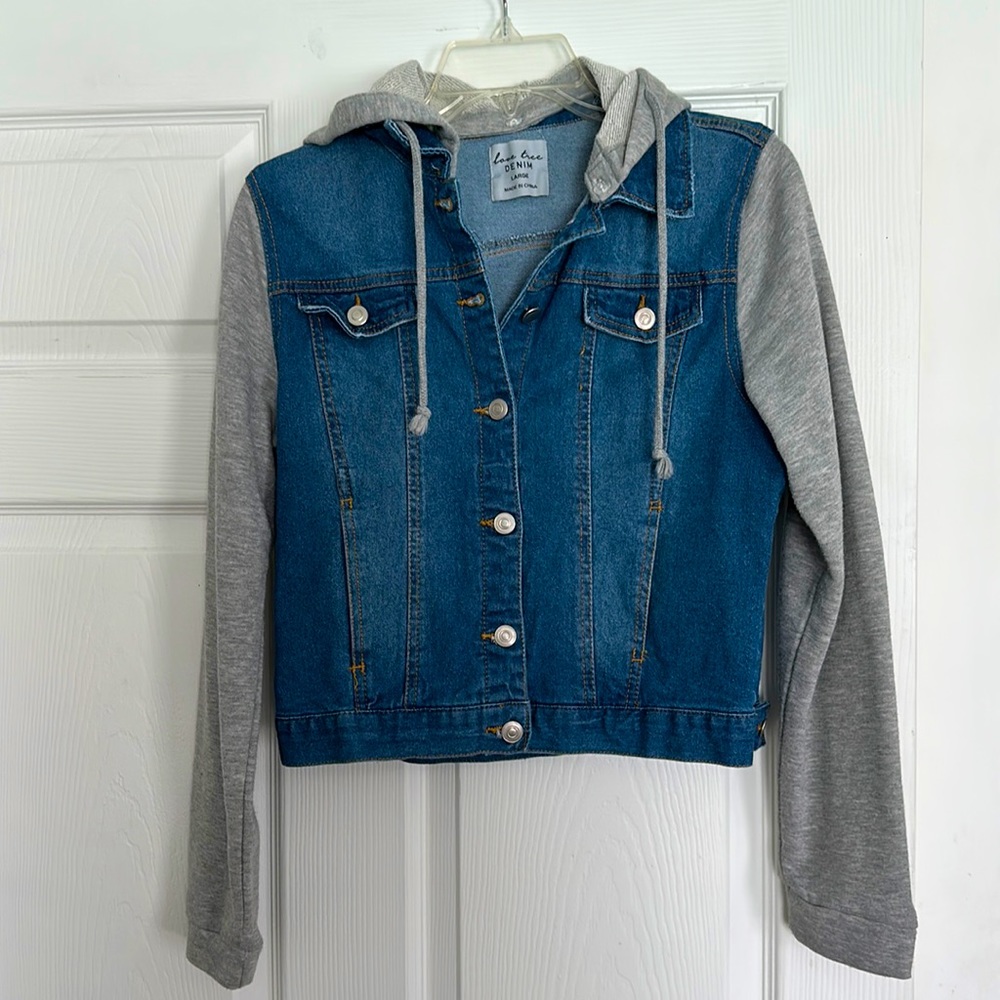 Love Tree Denim hoodie Jacket with cotton sleeves.
